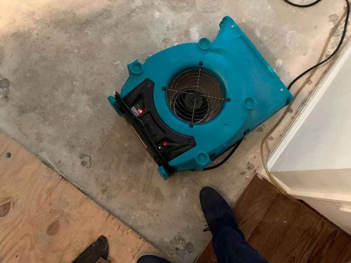Air mover drying subfloor during Commercial Water Damage Restoration in Round Rock